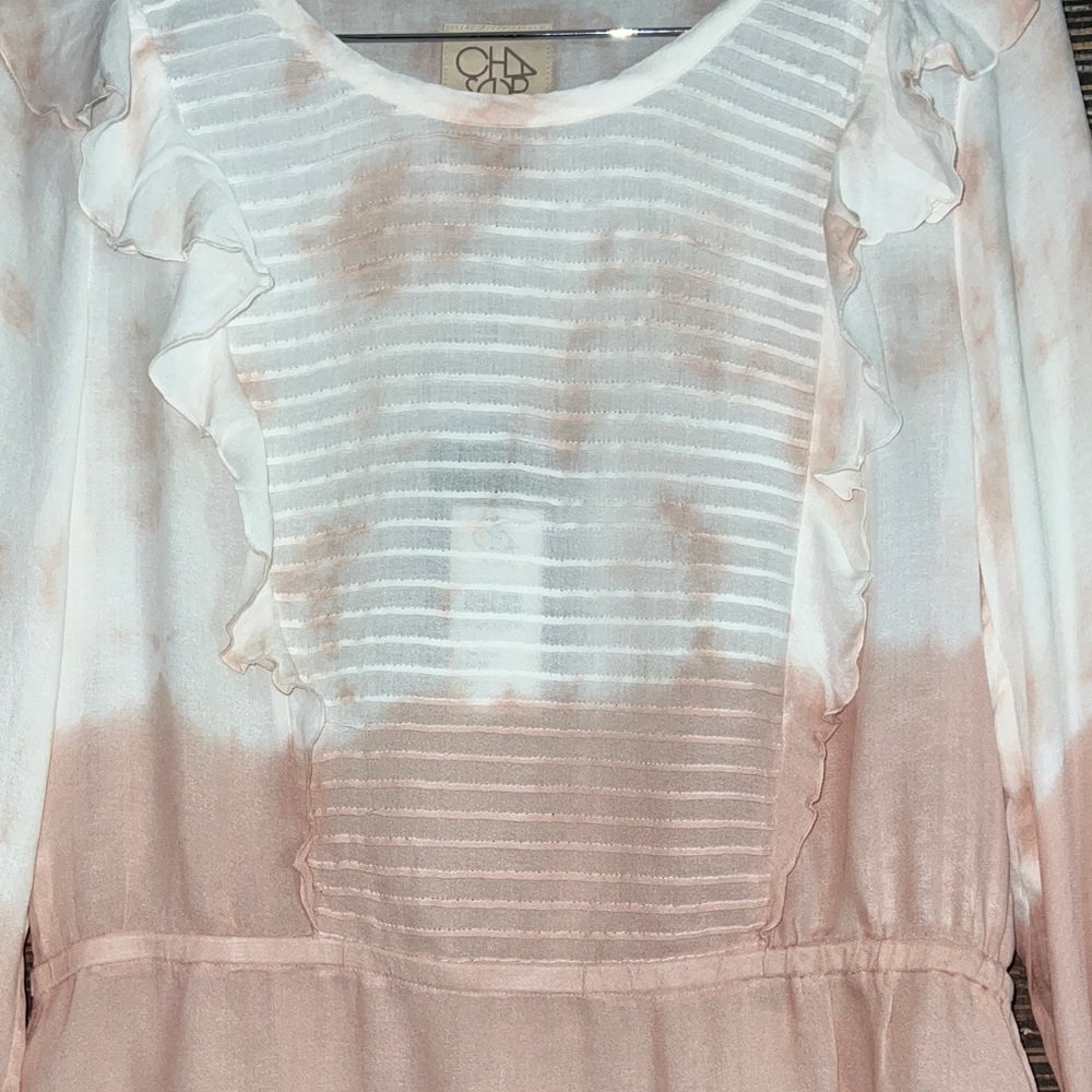 Chaser Dip Dye Pink and White Tie-Dye Ruffle Peplum Blouse Large - Picture 2 of 13
